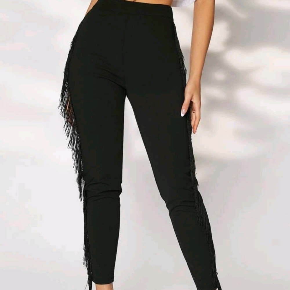 NEW BLACK FRINGE TRIM PANTS - Picture 2 of 8
